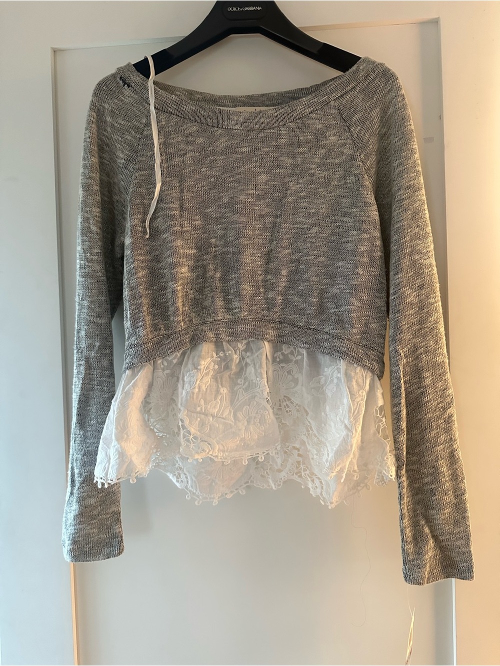 Maison Jules Gray Scoop Neck Sweater with White Lace Hem